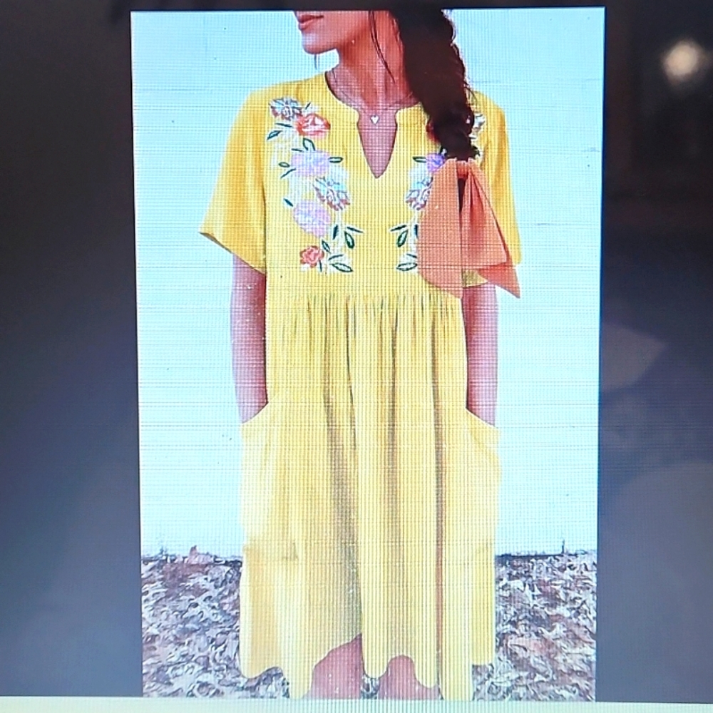Yellow Floral Embroidered Split Neck Babydoll Ssing Dress